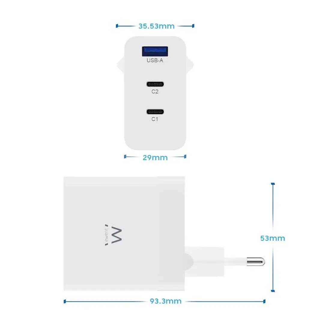 EWENT Cargador carga rapido 65w usb-c y usb-a 3