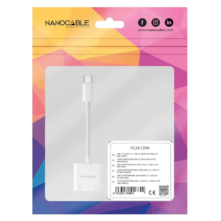 Nanocable Adaptador USB-C a Jack+USB-C/H PD 60W 3
