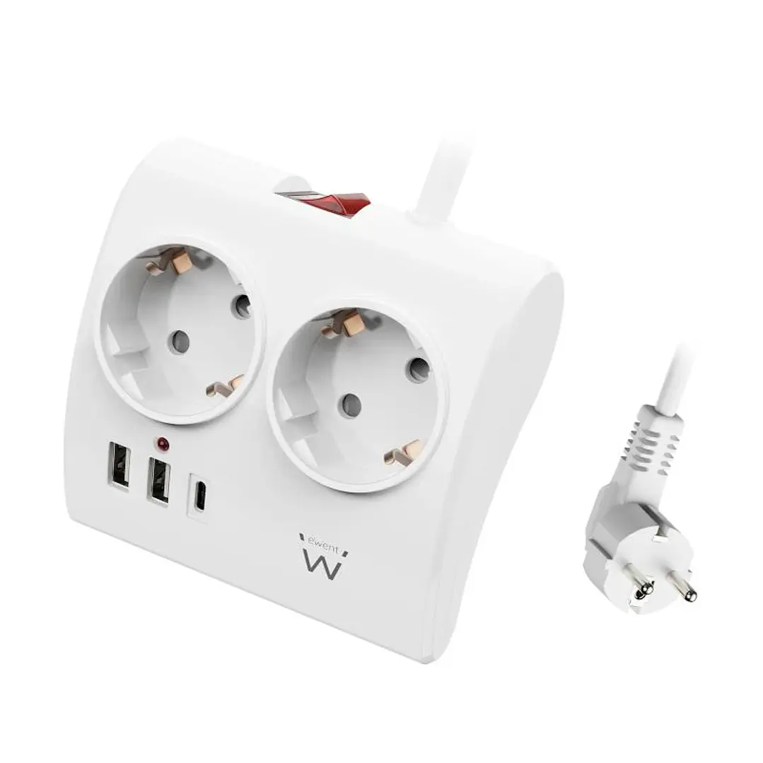 EWENT EW3870 Regleta 2  Shucko 2 Usb-A 1 Usb-C Bl. 2