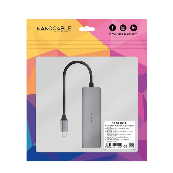 Nanocable Conversor USB-C Ethernet carga PD 4