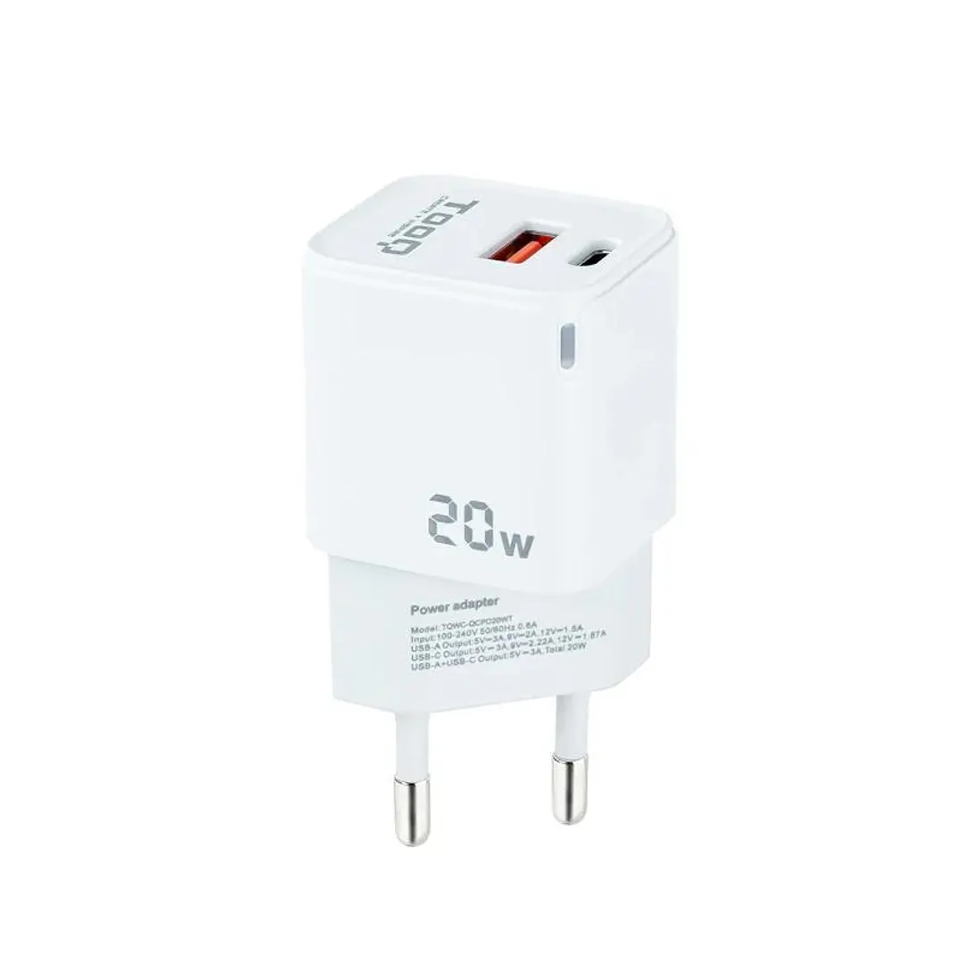 Tooq Cargador pared USB-C/PD+USB-A/QC 20W 1