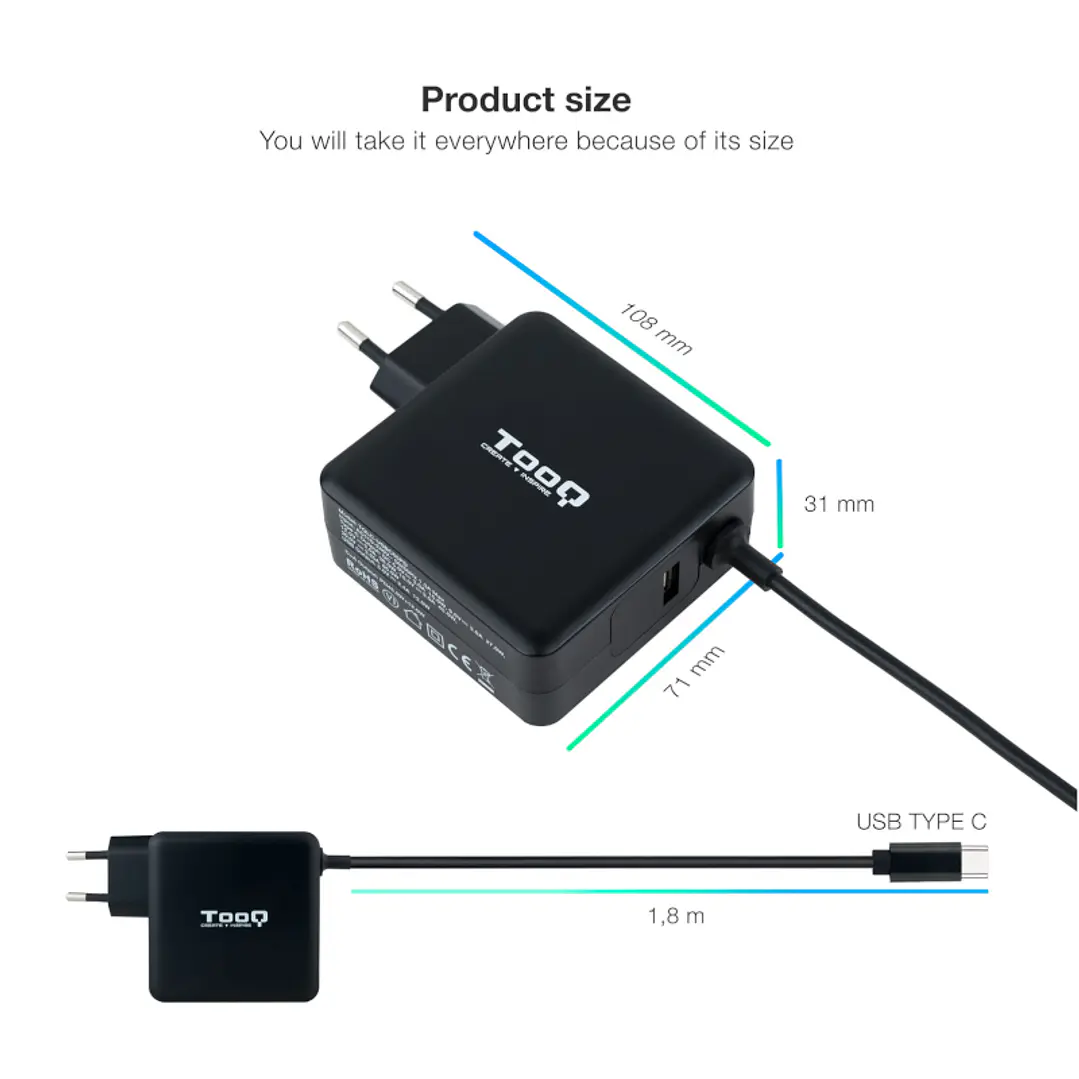 Tooq Cargador portátil conector USB-C 65W 3