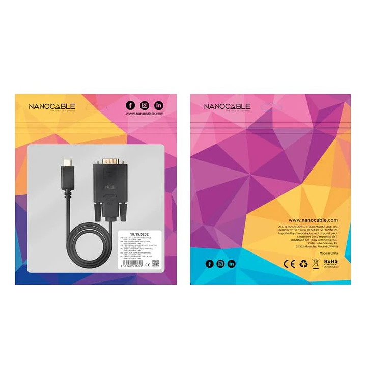 Nanocable Cable Conversor USB-C/M a VGA/M 1,8 M 4