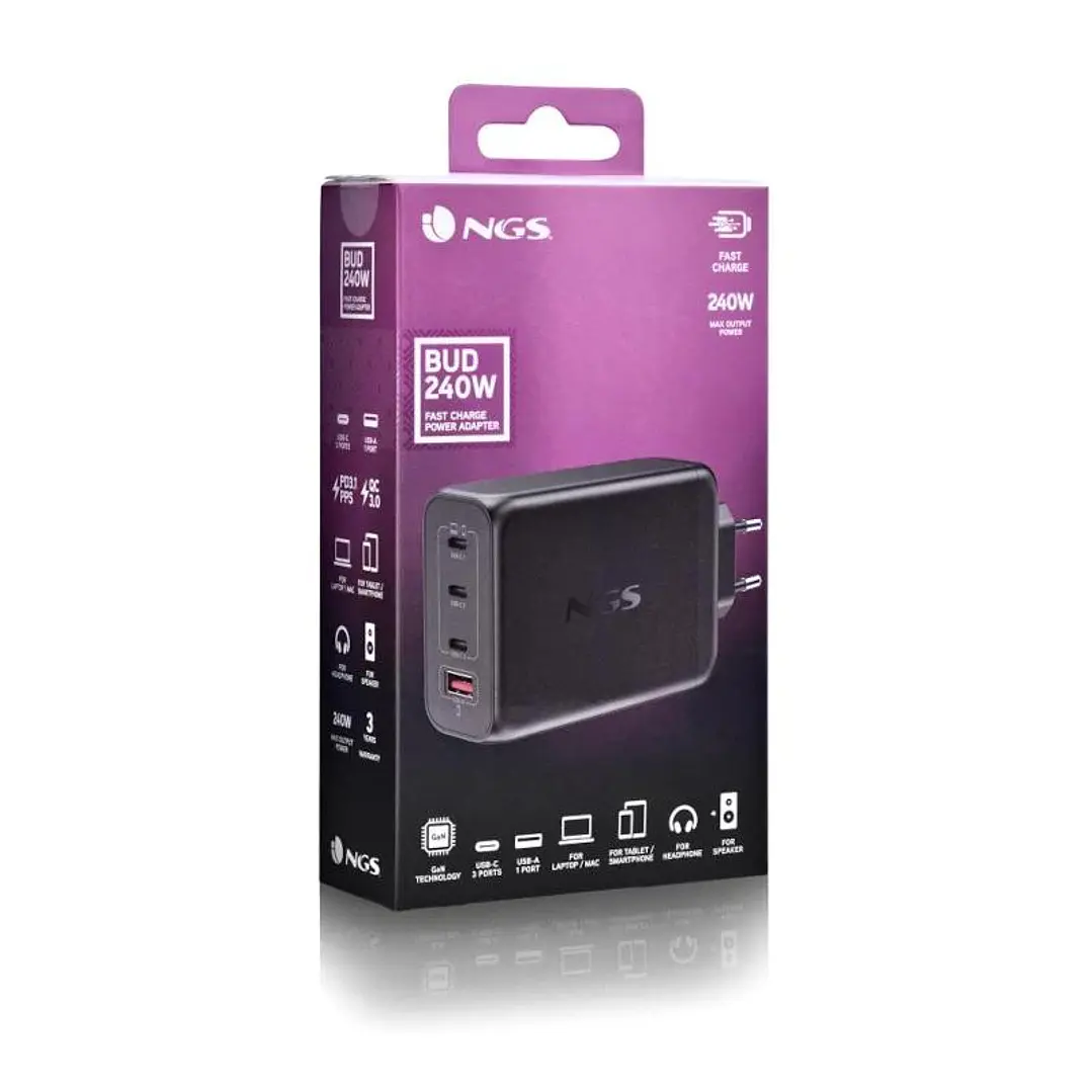 NGS CARGADOR ULTRARAPIDO240W 4 PUERTOS 3USB-C 1 US 4