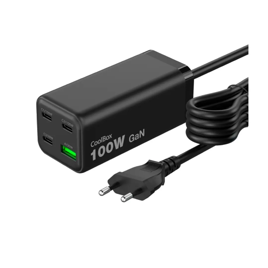 CoolBox Cargador GAN 100W Chargemaster 4 PRO - 3xUSB-C - 1xUSB-A - Carga Rapida 3.0- Power Delivery - Cable 1.5 Metros - Color Negro 1