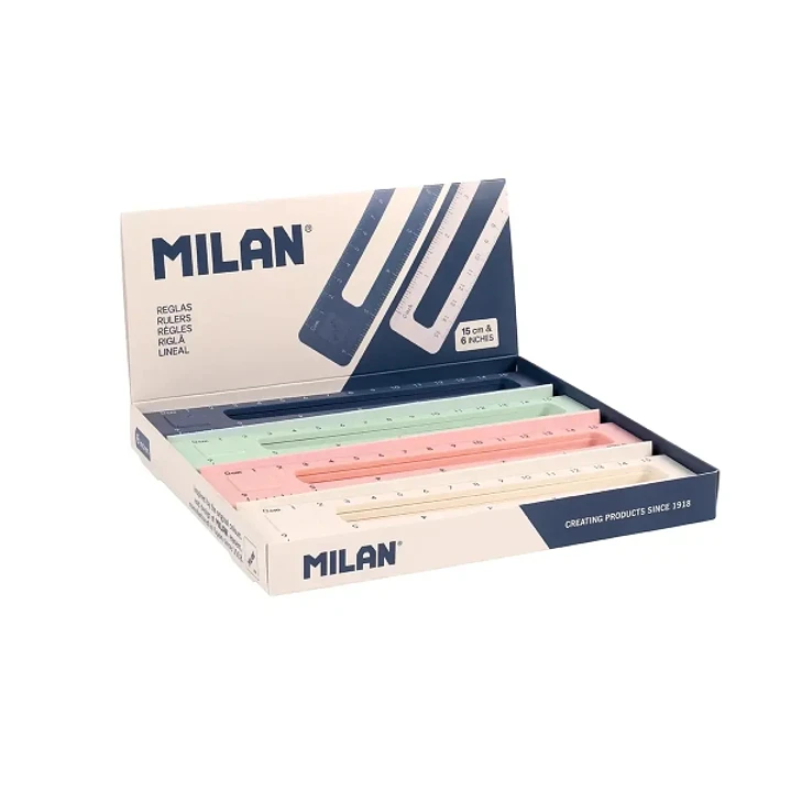 Milan 430 Since 1918 Expositor con 20 Reglas de 15cm - Doble Numeracion - Vaciado Interior - Colores Surtidos 1