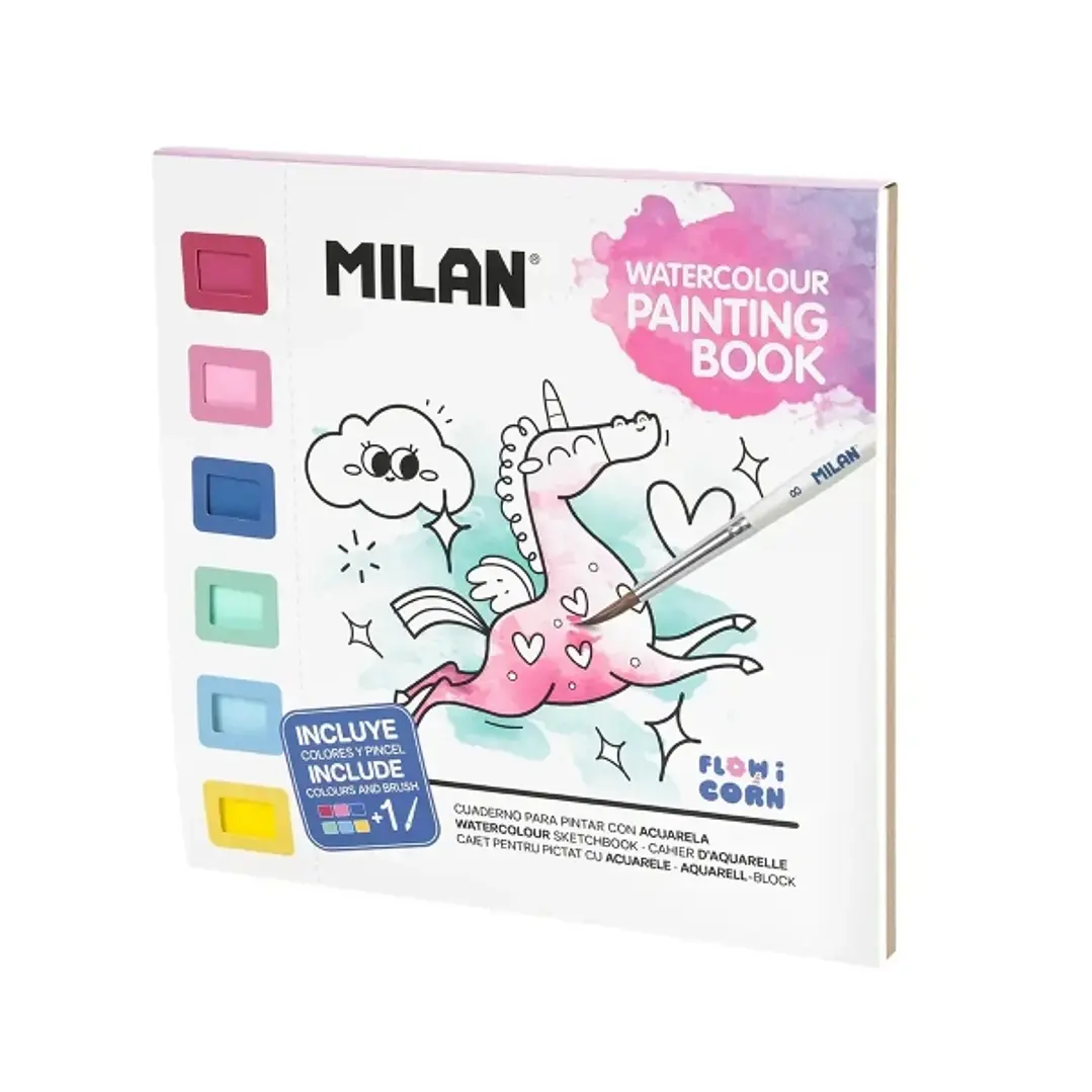 Milan Flowicorn Cuaderno para Colorear con Acuarelas y Pincel - Tematica Unicornios, Flores y Corazones - 16 Paginas con Dibujos - 1