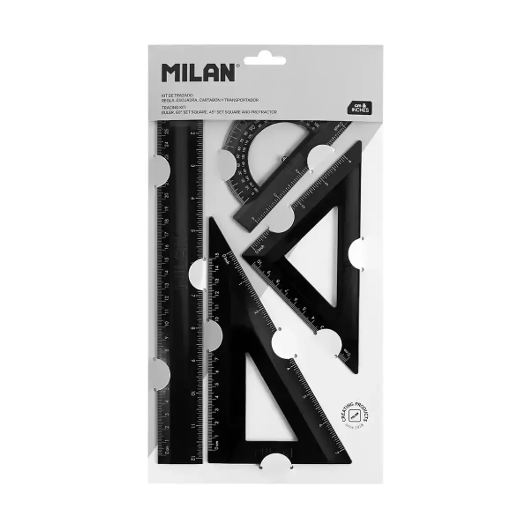 Milan Shadow Pack de 4 Reglas - Regla 30cm, Escuadra, Cartabon y Transportador de Angulos - Plastico Rigido - Opaca - Centimetros y Pulgadas - Color N 1