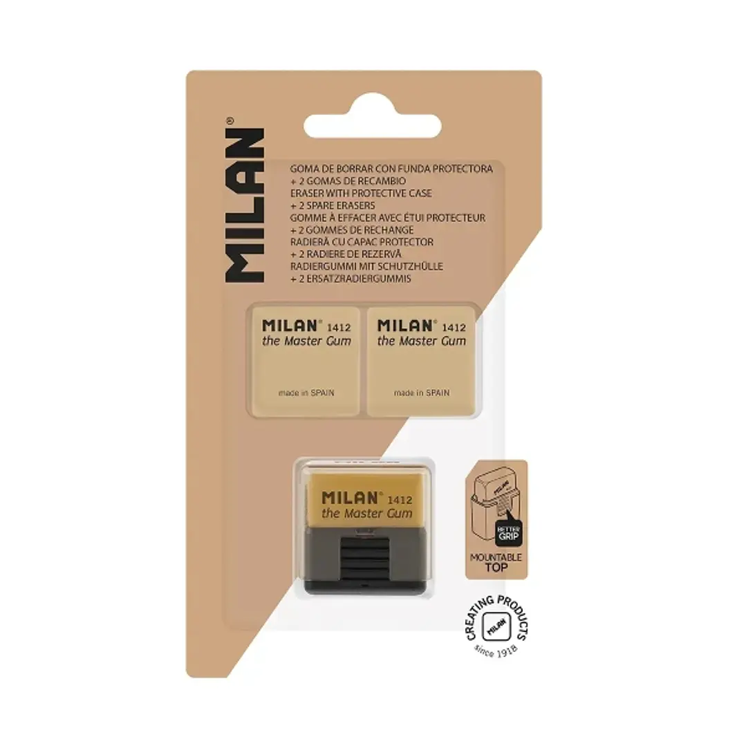 Milan Master Gum Pack de Goma con Funda Rigida + 2 Gomas de Recambio - Para Bellas Artes - Miga de Pan - Caucho Sintetico - Color Marron 1