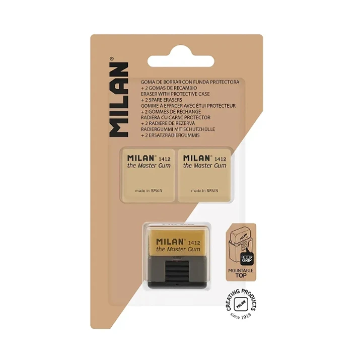 Milan Master Gum Pack de Goma con Funda Rigida + 2 Gomas de Recambio - Para Bellas Artes - Miga de Pan - Caucho Sintetico - Color Marron 1