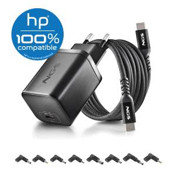 NGS BUD65W-H Cargador GaN 65W para Portatiles HP - USB C Power Delivery y PPS - 8 Conectores DC Incluidos - Cable USB C 1.5 m 60W - Diseno Ultraportat 1