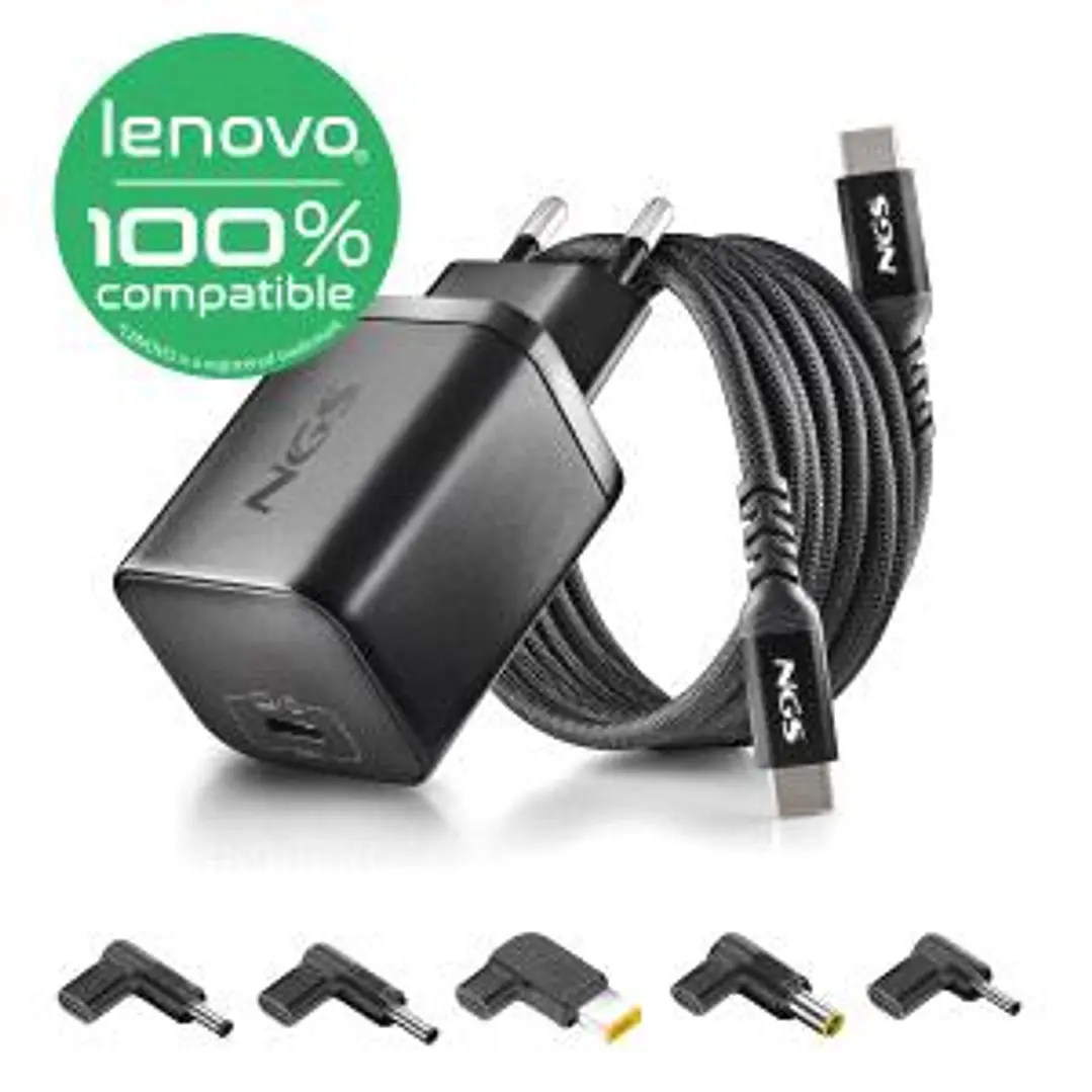 NGS BUD65W-L Cargador GaN 65W para Portatiles Lenovo - USB C Power Delivery y PPS - 5 Conectores DC Incluidos - Cable USB C 1.5 m 60W - Diseno Ultrapo 1