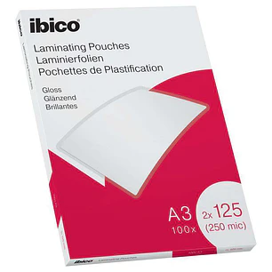 Ibico Caja de 100 Laminas de Plastificar Gloss A3 125 Micras  - Acabado Cristalino de Alto Brillo - Transparente