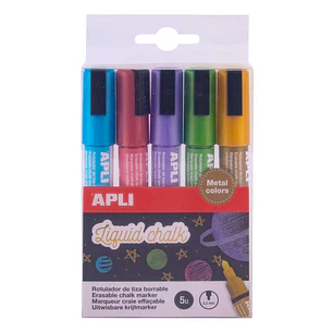 Apli Pack de 5 Rotuladores de Tiza Liquida - Punta Redonda de 5.5mm - Facil de Borrar - Secado Rapido - Base Agua Libre de Toxicos - Colores Metalizad