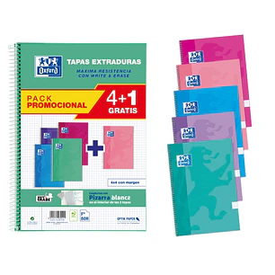 Oxford School Write&Erase Pack 4+1 de Cuaderno Espiral 80 Hojas Cuadricula 4x4 con Margen - Tapa Extradura - Colores Surtidos