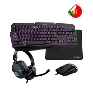 Coolbox Pack Gaming XWING 2 4 en 1 Portugues- Teclado RGB - Raton 7200 DPI - Auriculares RGB USB - Alfombrilla  Antideslizante - Color Negro