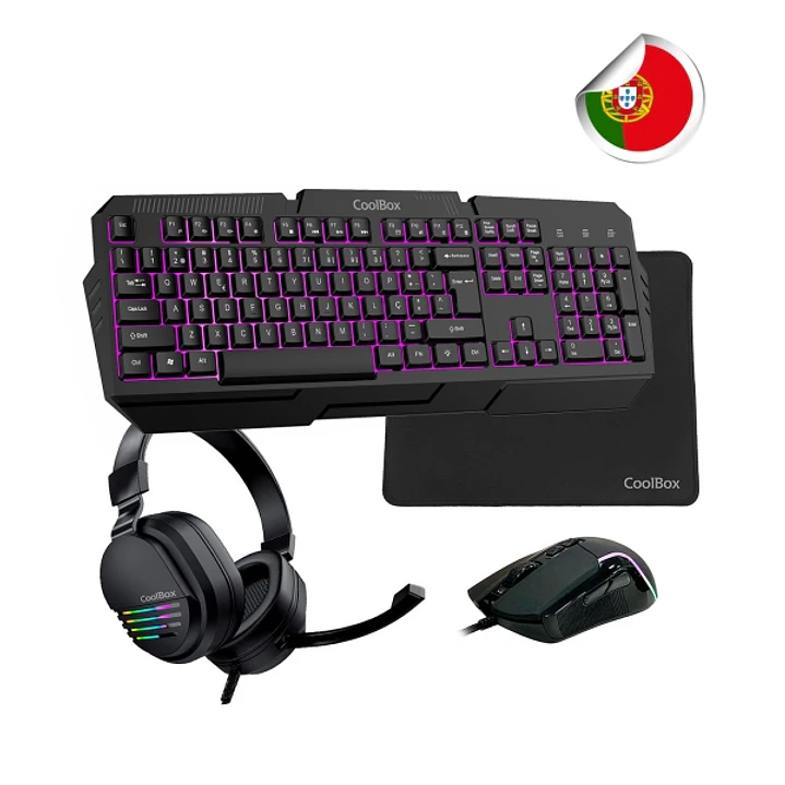 Coolbox Pack Gaming XWING 2 4 en 1 Portugues- Teclado RGB - Raton 7200 DPI - Auriculares RGB USB - Alfombrilla  Antideslizante - Color Negro 1