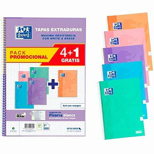Oxford Classic Write & Erase Pack 4+1 5 Cuadernos Espiral Formato Folio Cuadriculado 4x4mm - 80 Hojas - Tapas Extraduras con Pizarra Blanca - Colores 