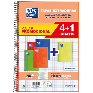 Oxford School Classic Write&Erase Pack de 5 Cuadernos Espiral Tapa Extradura - Tamaño Folio - Milimetrado con Margen - 80 Hojas - Colores Surtidos