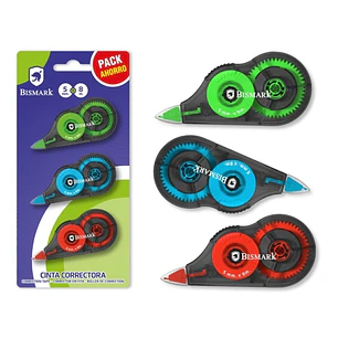 Bismark Pack de 3 Cintas Correctoras 5mmx8m - Perfecta Adherencia al Papel - Presentacion en Blister - Colores Surtidos