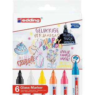 Edding 95 Pack de 6 Rotuladores para Cristal - Punta Redonda - Trazo 1.5-3mm - Colores Blanco, Amarillo, Negro, Naranja, Rosa y Azul