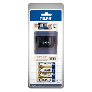 Milan 1918 Serie Sacapuntas Electrico Doble Estandar y Maxi - Cuchilla de Acero al Carbono con Seguridad - Gran Deposito - Pilas Incluidas - Color Azu
