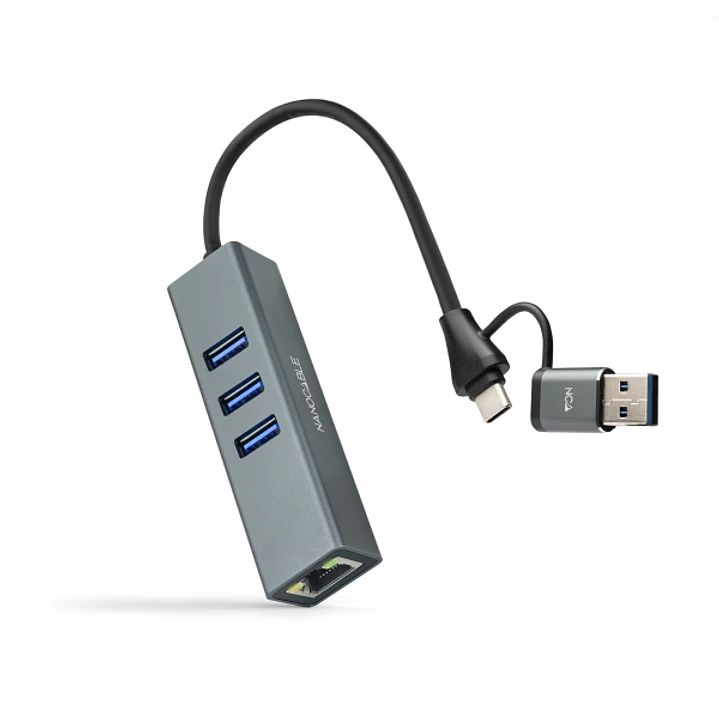 Nanocable Adaptador de Red USB-C + USB-A/M 3.0 a Ethernet Gigabit 10/100/1000 Mbps + Hub 3xUSB-A 3.0 - 15 cm - Color Gris 1