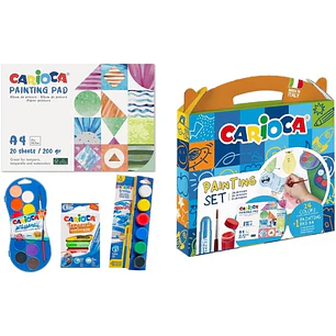 Carioca Painting Set Pack con 12 Acuarelas, 6 Temperas y 6 Temperas Solidas + Bloc con 20 Hojas A4 - Colores Surtidos