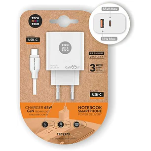 TechOneTech Cargador de Pared GaN PD 3.0 65W - Para Portatiles y Smartphones - Cable USB-C a USB-C 1m