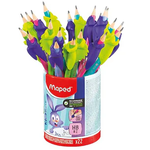Maped Kidy Lern Bote con 22 Lapices de Grafito 2HB + Guias para Dedos - 2 Modelos Camaleon y Conejo - Apta para la Mayoria de Lapices - Para Alumnos d