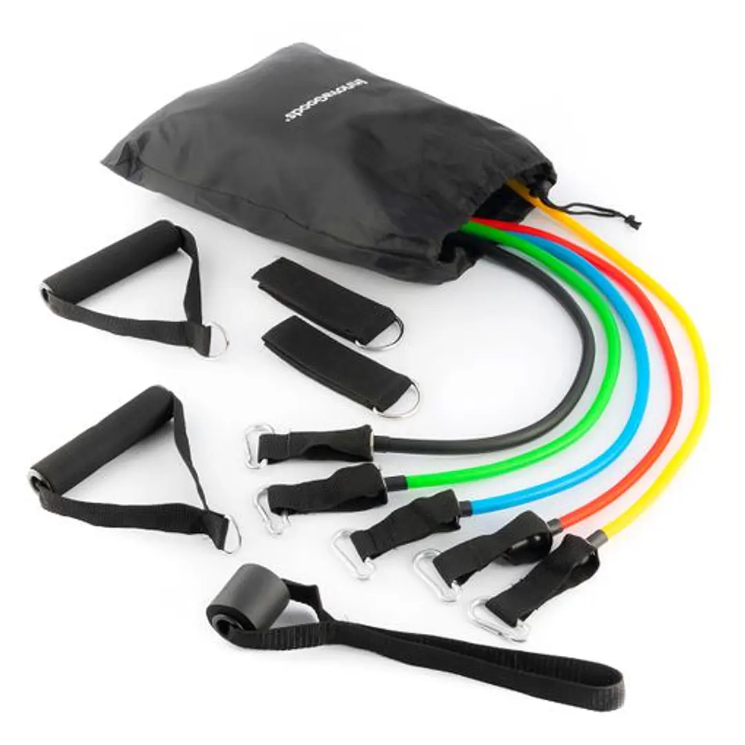 Innovagoods Rebainer Set de 5 Bandas de Resistencia con Accesorios - Resistencia Ajustable - Guia de Ejercicios - Portatil - Mangos de Espuma - Acceso 1