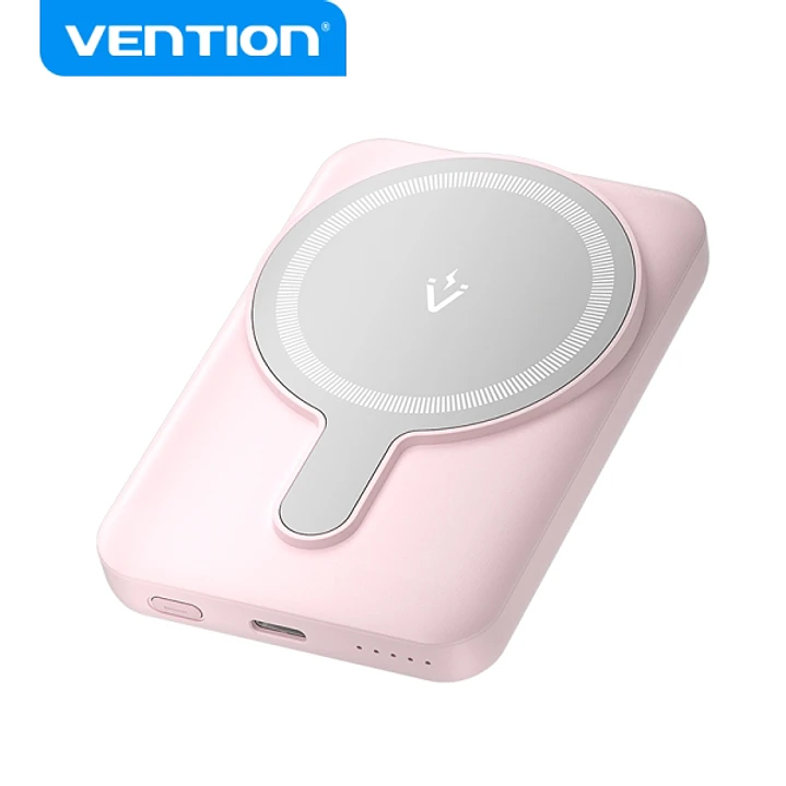 Vention PowerBank 5000mAh Magnetico Inalambrico - Carga Rapida 20W - USB-C Dual - Display Luminoso - Color Rosa 1
