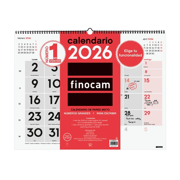 Finocam Calendario de Pared - Anual 2026 - Espacio para Escribir - Formato XL - 540x5x430mm - Numeros Grandes - Color Blanco y Rojo 1