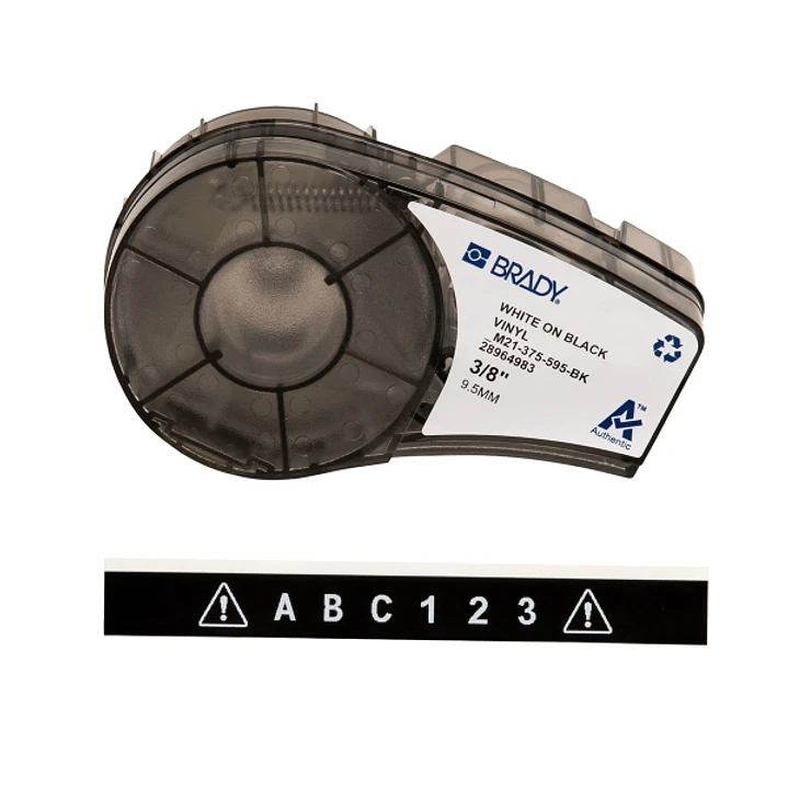 Brady M21-375-595-BK Cinta de Etiquetas Original Vinilo - Texto Blanco sobre Fondo Negro - Ancho 9.53mm x 6,40m 1