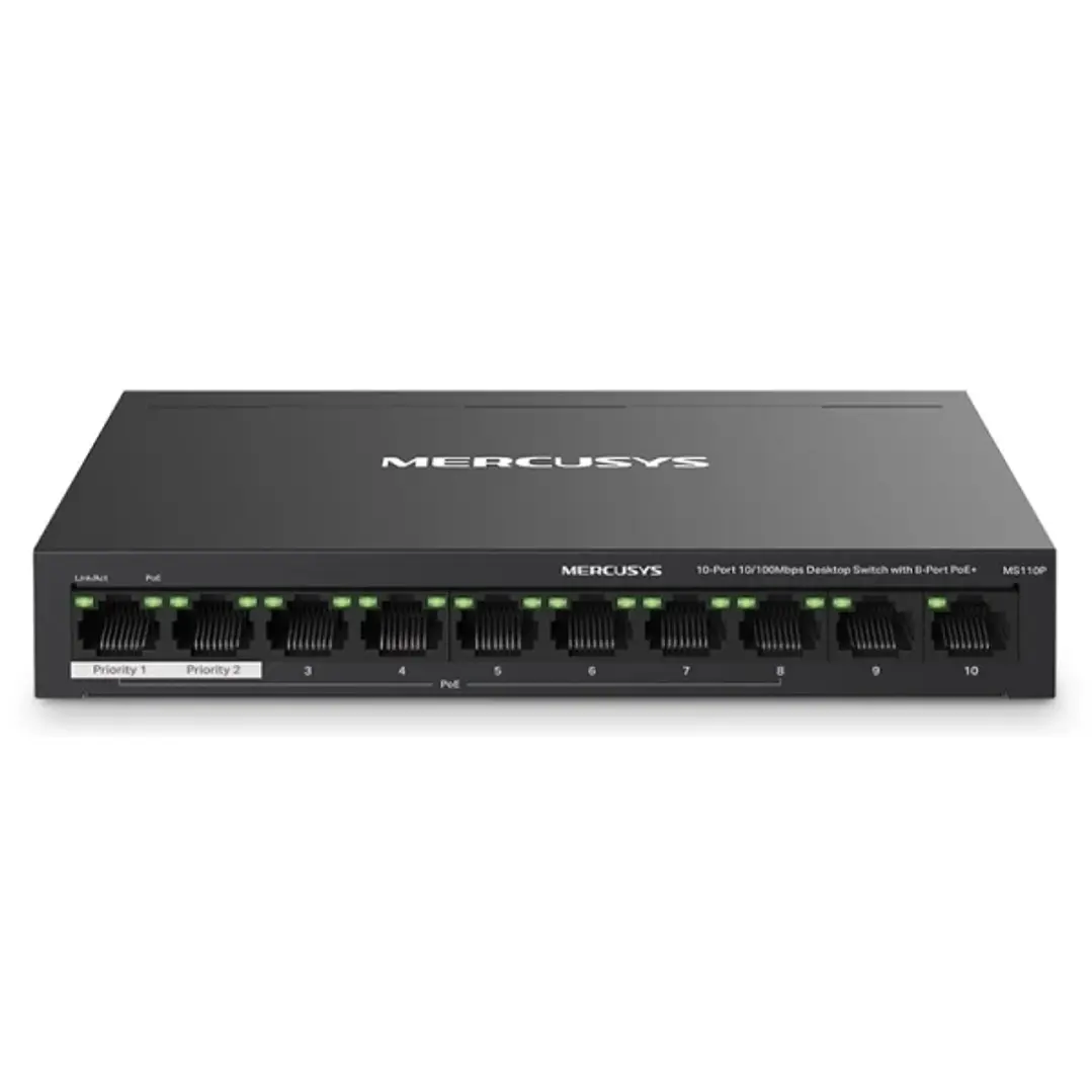 Mercusys Switch 10 Puertos RJ45 10/100Mbps - 8 Puertos PoE - Largo Alcance hasta 250m en Modo Extendido - Carcasa de Metal 1
