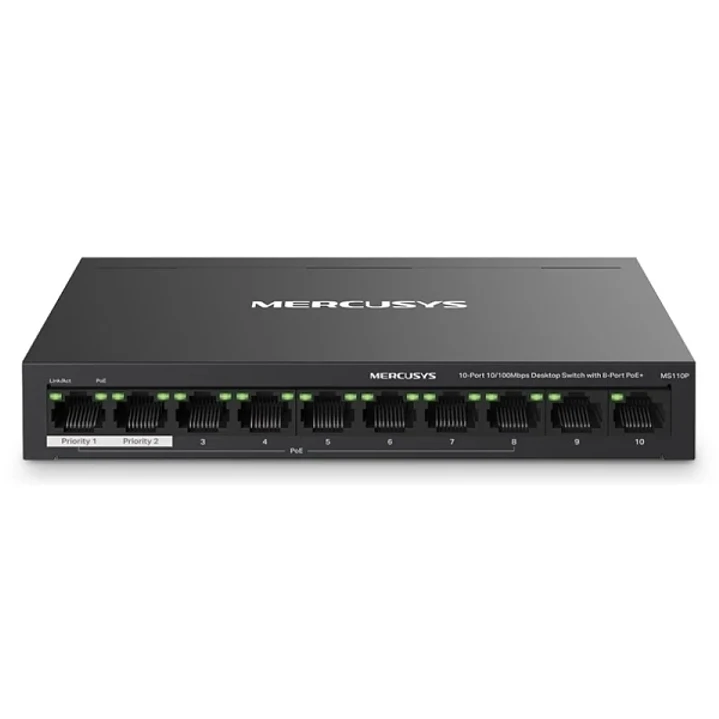 Mercusys Switch 10 Puertos RJ45 10/100Mbps - 8 Puertos PoE - Largo Alcance hasta 250m en Modo Extendido - Carcasa de Metal 1
