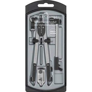 Faber-Castell Compas de Ajuste Rapido con Alargadera - Articulaciones en ambos Brazos - Accesorios de Recambio - Adaptador Universal