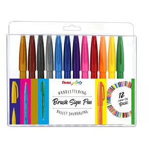 Pentel Brush Sing Pen Pack de 12 Rotuladores con Punta de Pincel - Lineas Finas o Gruesas dependiendo de la Presion - Fabricados con 81% de Plasticos 
