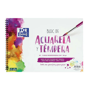Oxford Bloc de Acuarela y Tempera Escolar Espiral Formato A4+ Liso - 10 Hojas Microperforadas 300gr Color natural - Papel de Doble Cara: Grano Grueso 