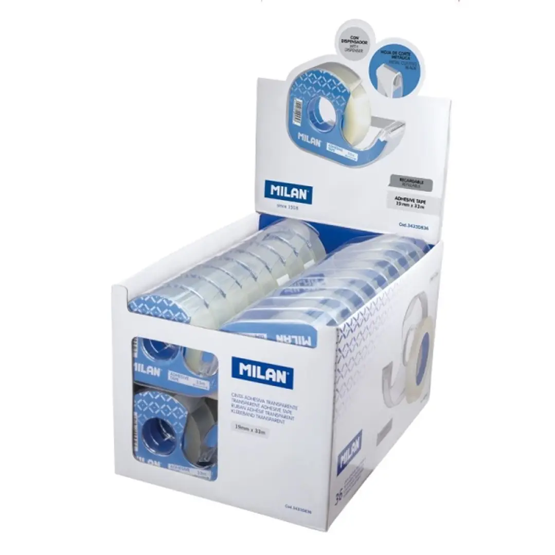 Milan Expositor de 36 Cintas Adhesivas Transparentes con Dispensador - Medidas 19mm x 33m - Color Transparente Brillante 1