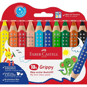 Faber-Castell Grippy Pack con 10 Lapices de Colores Gruesos Mina XXL Suave - Forma Triangular con Grip - Colores Surtidos