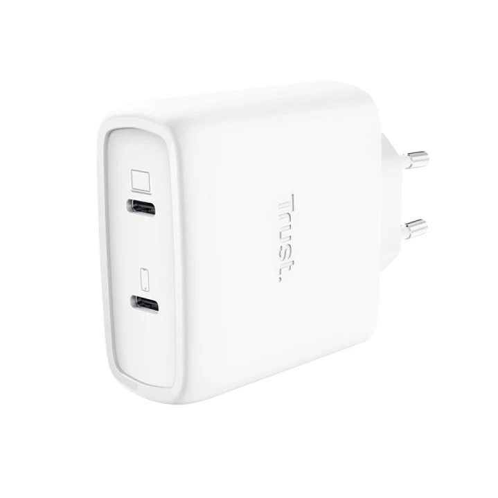 Trust Maxo Cargador de Pared - 65W - GaN - 2xUSB-C - Cable USB-C de 2m - Power Delivery - Plastico Reciclado - 30x63x97mm - Color Blanco 1