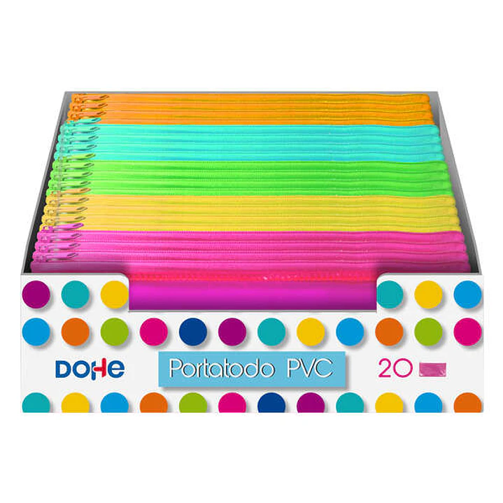 Dohe Expositor con 20 Portatodos Simples Planos - Fabricados en PVC de 280 Micras Transparente - Cierre de Cremallera - Colores Surtidos 1