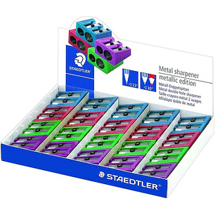 Staedtler Expositor de 20 Sacapuntas Metalicos con Cuchilla de Metal y 2 Orificios - Angulo de Afilado de 23° y 30º - Colores Surtidos