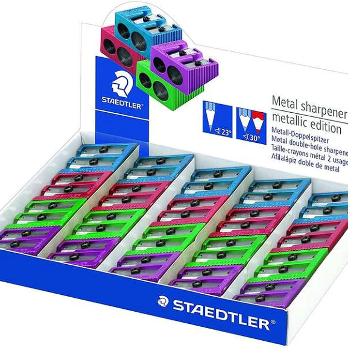 Staedtler Expositor de 20 Sacapuntas Metalicos con Cuchilla de Metal y 2 Orificios - Angulo de Afilado de 23° y 30º - Colores Surtidos 1