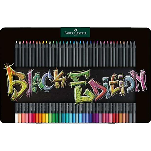 Faber-Castell Black Edition Caja Metalica de 36 Lapices de Colores - Mina Supersuave - Madera Negra - Ideales para Dibujo sobre Papel Claro, Oscuro y 