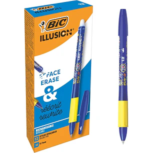 Bic Illusions Boligrafo Borrable - Punta Media de 0.7mm - Grip de Goma - Recargable - Color Azul