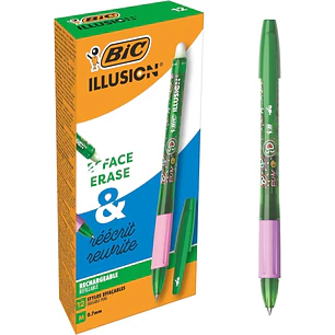 Bic Illusions Boligrafo Borrable - Punta Media de 0.7mm - Grip de Goma - Recargable - Color Verde
