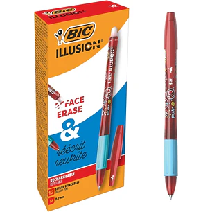 Bic Illusions Boligrafo Borrable - Punta Media de 0.7mm - Grip de Goma - Recargable - Color Rojo
