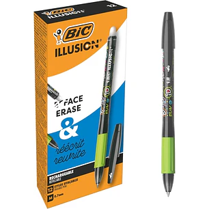 Bic Illusions Boligrafo Borrable - Punta Media de 0.7mm - Grip de Goma - Recargable - Color Negro